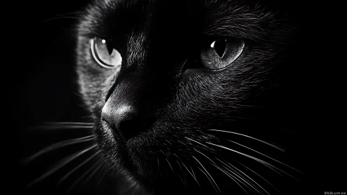 High-contrast monochromatic feline portrait with dramatic chiaroscuro and luminous ocular elements