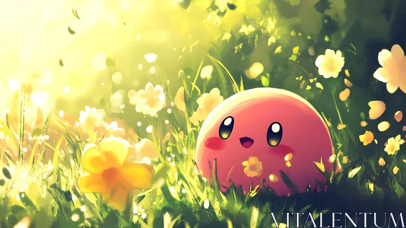Smiling pink creature basks in dreamy sunlit meadow.