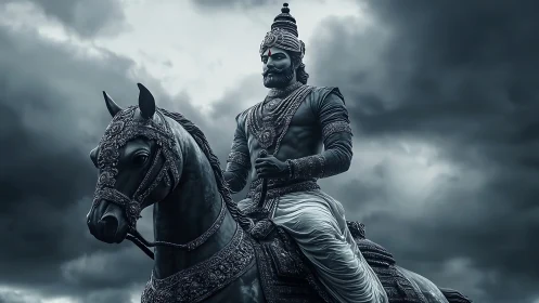 Majestic armored warrior on horseback under storm-laden sky