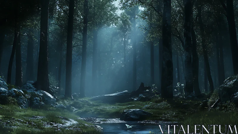 Mystical forest pathway shrouded in ethereal mist and dappled light