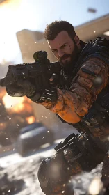 Tactical soldier aims rifle amid explosive urban battlefield