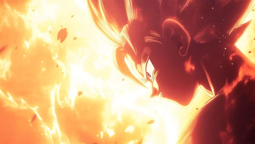 Profile of spiky haired anime warrior amid intense flames.