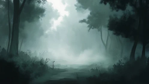 Misty Forest Wetland with Luminous Sky and Silhouetted Trees