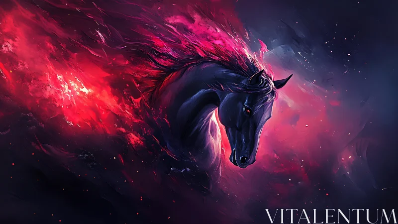 Fiery cosmic horse galloping through glowing stardust skies.