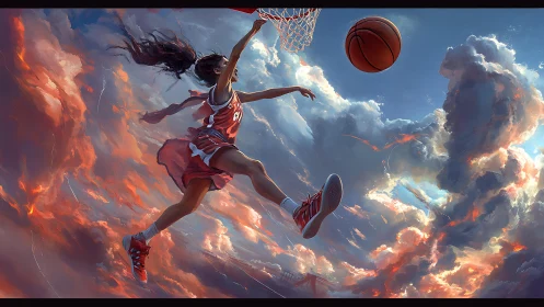 Skyward basketball dunk soars among glowing sunset clouds