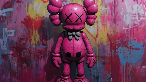 Pink stylized figure against textured graffiti wall background.