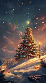 Snowy hilltop Christmas tree glows gently over the town
