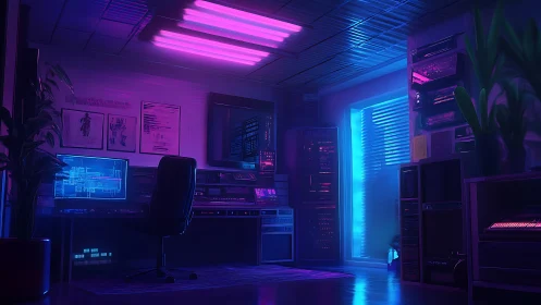 Retro-futuristic neon control room with servers and consoles.