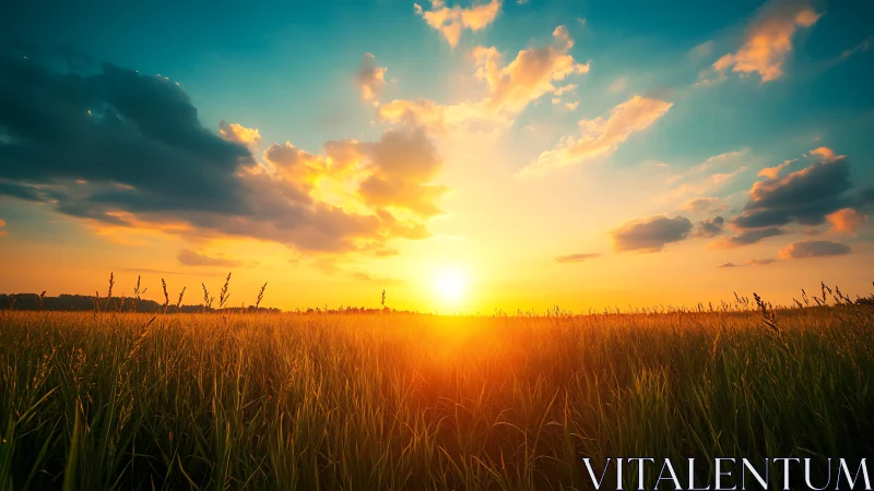 Sunset over flat grassland with clouded sky horizon line.