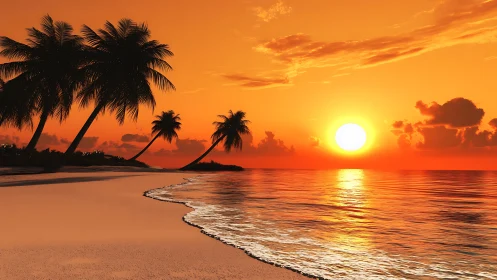 Digital tropical sunset shoreline with silhouetted palms composition.