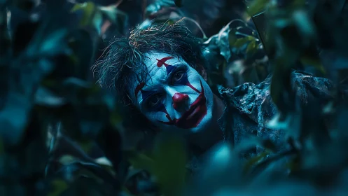Clown makeup subject partially obscured by dense foliage