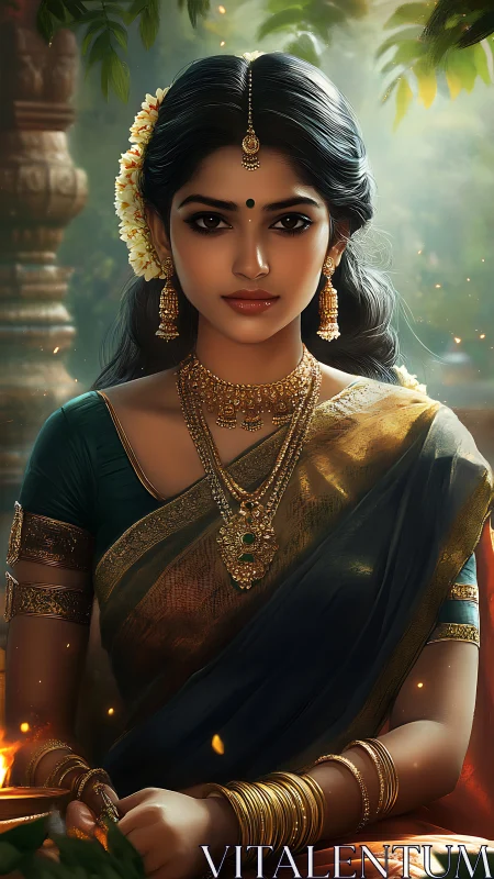 Regal South Indian woman in temple light with ornate jewelry.