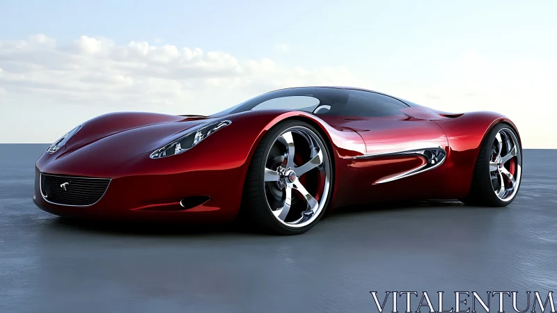 Red futuristic supercar gleams under a clear sky on asphalt.