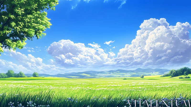 Wide grassy plain under cumulus clouds and distant hills.