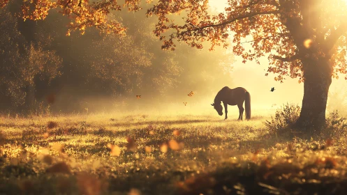 Golden autumn meadow with a quietly grazing horse at dawn.
