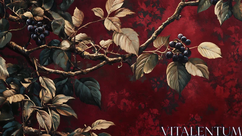 Grape-laden branches against deep red patterned background.