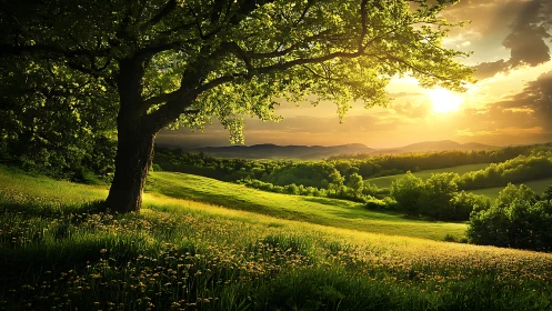 Golden sunset meadow under a peaceful sheltering tree.
