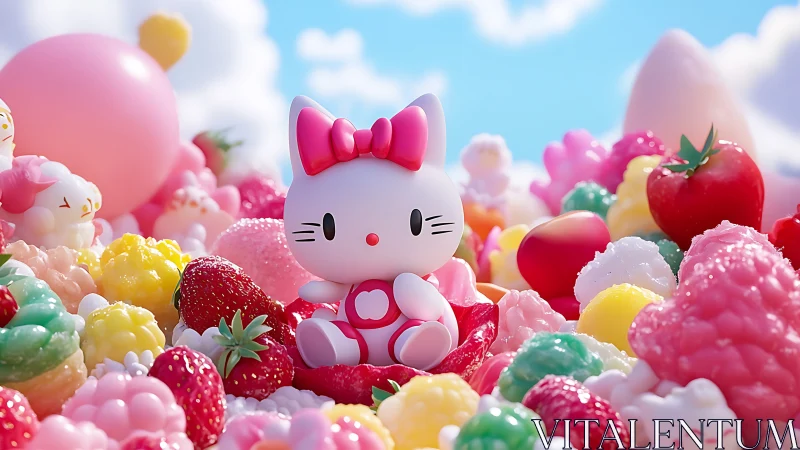 Stylized white cat figure surrounded by colorful fruit and candy.