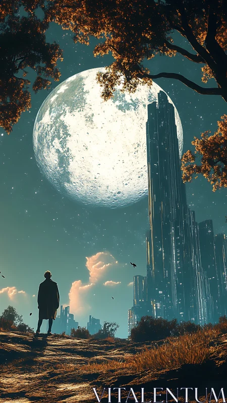 Colossal moon above lone wanderer and luminous megacity.