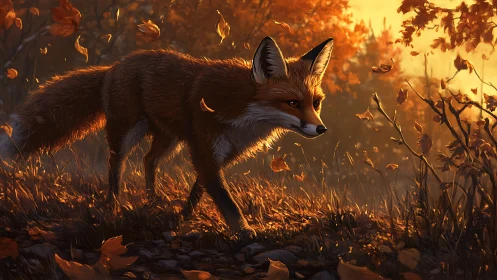 Autumn fox study in cinematic backlight digital painting style.