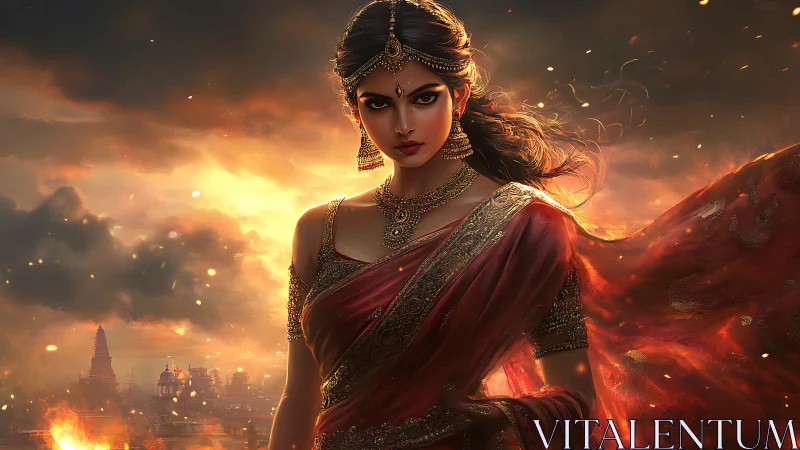 Regal woman in red saree before burning city skyline.