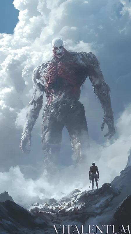 Giant skeletal humanoid confronting lone figure in misty valley.
