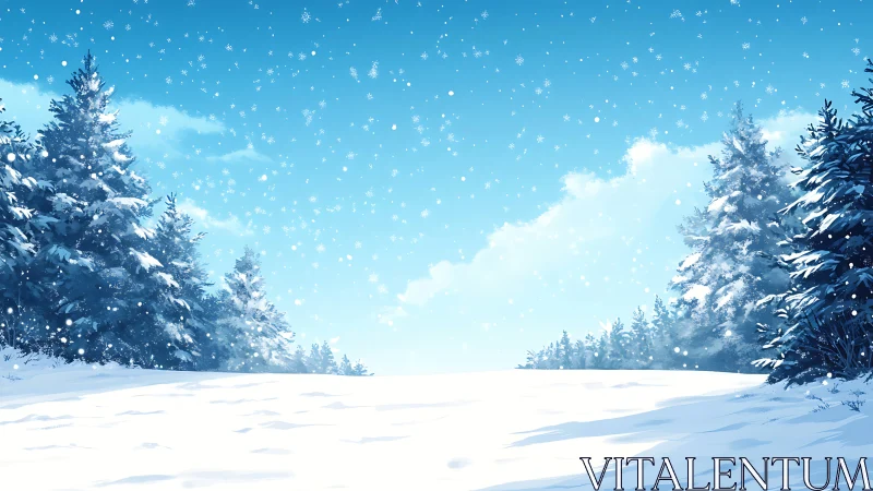 Gentle snowfall over peaceful pine forest and winter sky.