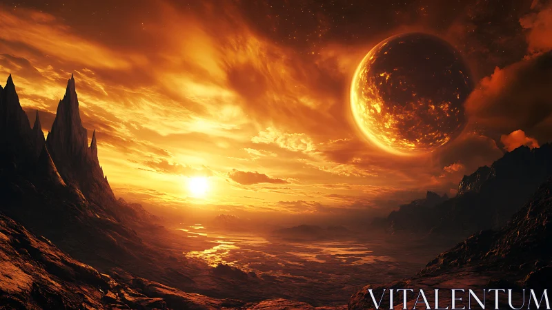 Twin suns ignite a molten alien valley beneath burning skies.