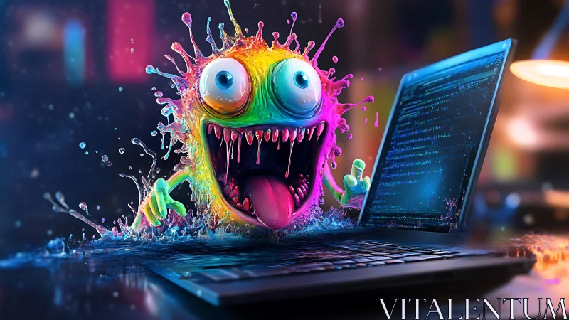 Neon code goblin erupts from laptop in technicolor chaos