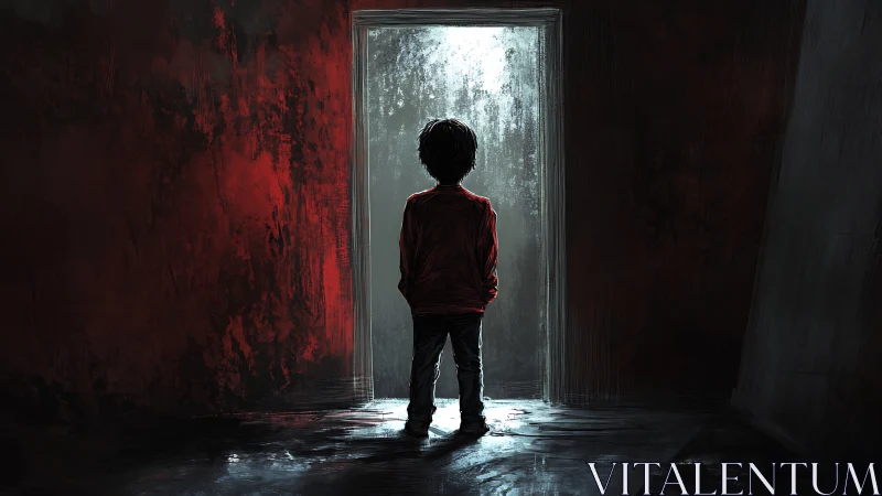 Backlit child silhouette at high-contrast threshold doorway.