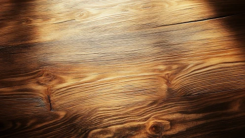 Sunlit hardwood plank surface reveals dense grain topology and knots