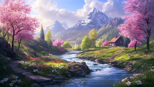 Mountain spring valley with river, blossoms, and cabin