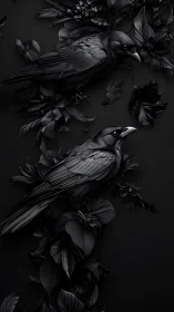 Monochrome corvid pair embedded in high-relief foliage matrix.
