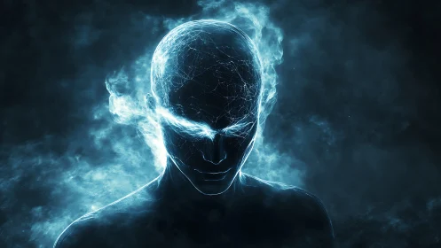 Glowing cybernetic humanoid head renders neural energy field