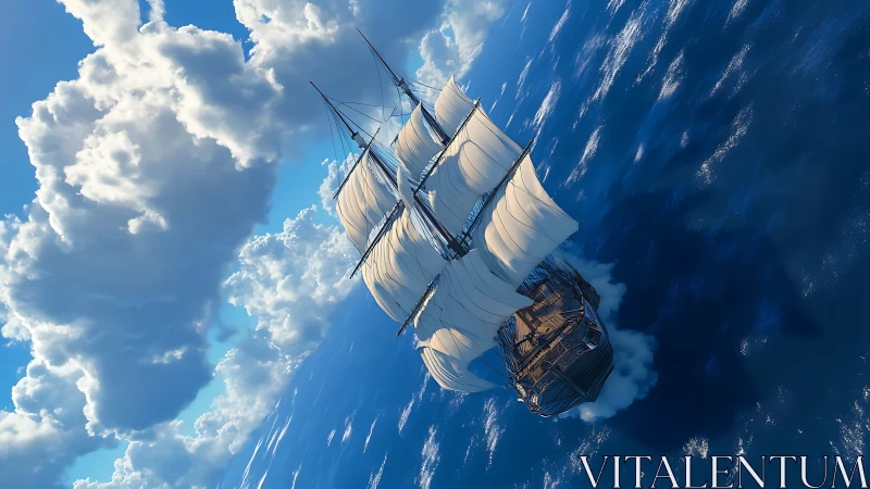 Wind-tossed galleon rides tilted seas beneath towering clouds.