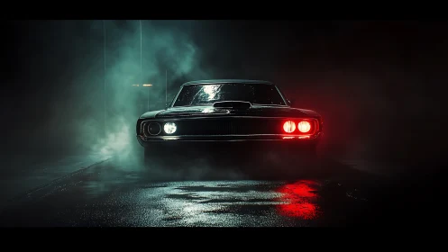 Muscle car front view cuts through rain-soaked night fog