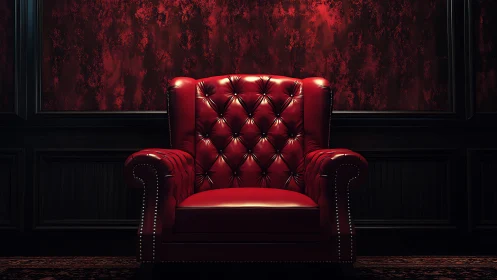 Velvety red armchair glowing in a moody classic room.
