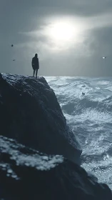 Silhouette on coastal cliff above rough sea under bright sun.