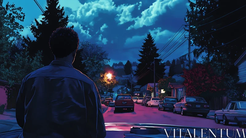 Backlit observer studies neon-tinted residential street perspective