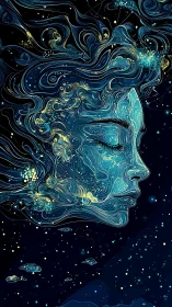 Cosmic human profile rendered in swirling blue linework.