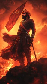 Warrior leader stands against inferno in high-contrast digital art