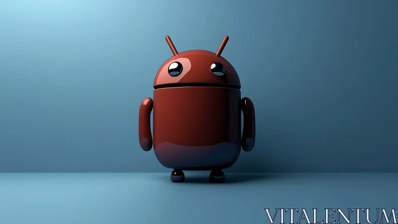 Shiny red robot stands cheerfully in a calm blue studio