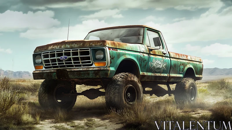 Rusty lifted pickup truck stands in dry open desert field