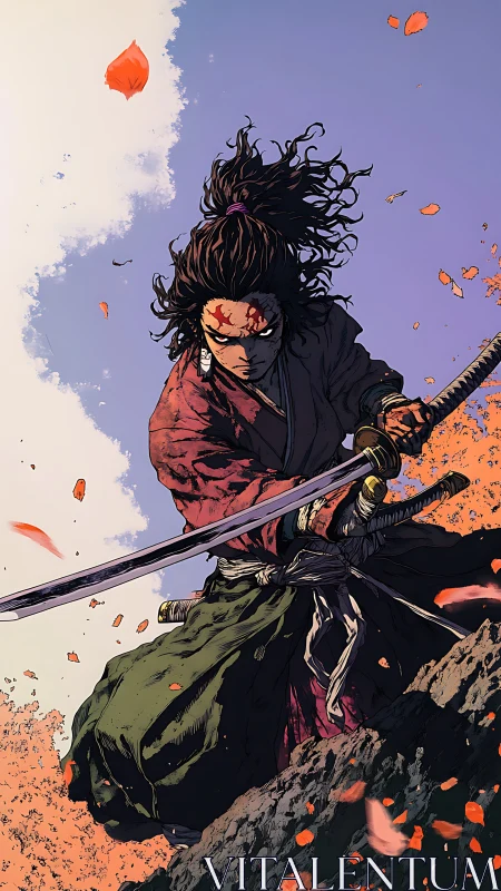 Ronin grips drawn katana amid storm of falling petals