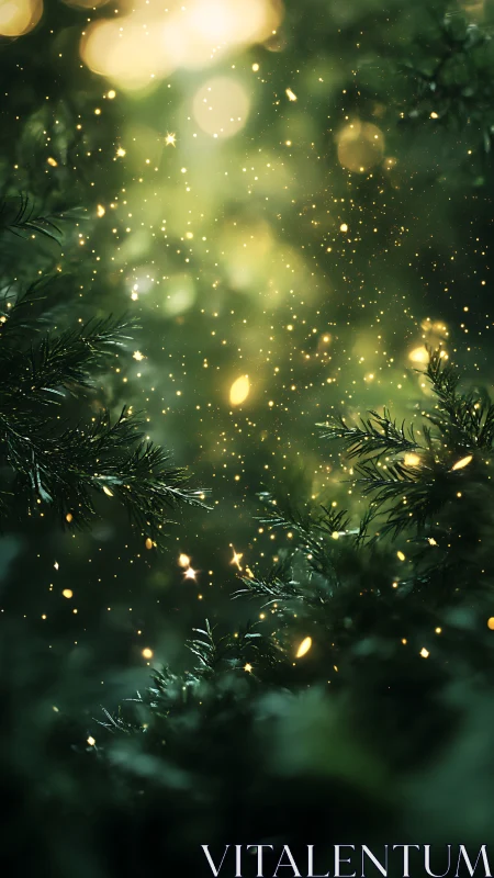 Golden lights illuminate dark green evergreen branches with bokeh