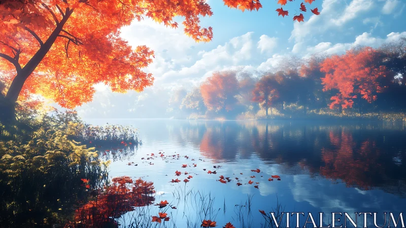 Autumn lakeside panorama with volumetric light and mirrorlike reflections