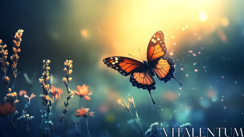 Monarch butterfly in golden bokeh meadow at sunset light.