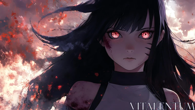 Female anime figure with glowing red eyes in smoky scene.