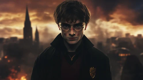 Brooding young wizard stands before a burning, stormy city