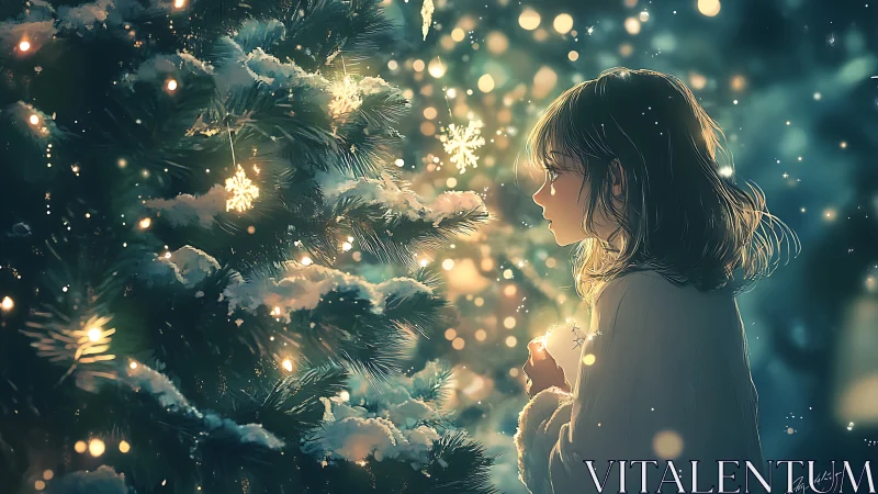 Young girl studies glowing snowflakes on a luminous pine tree